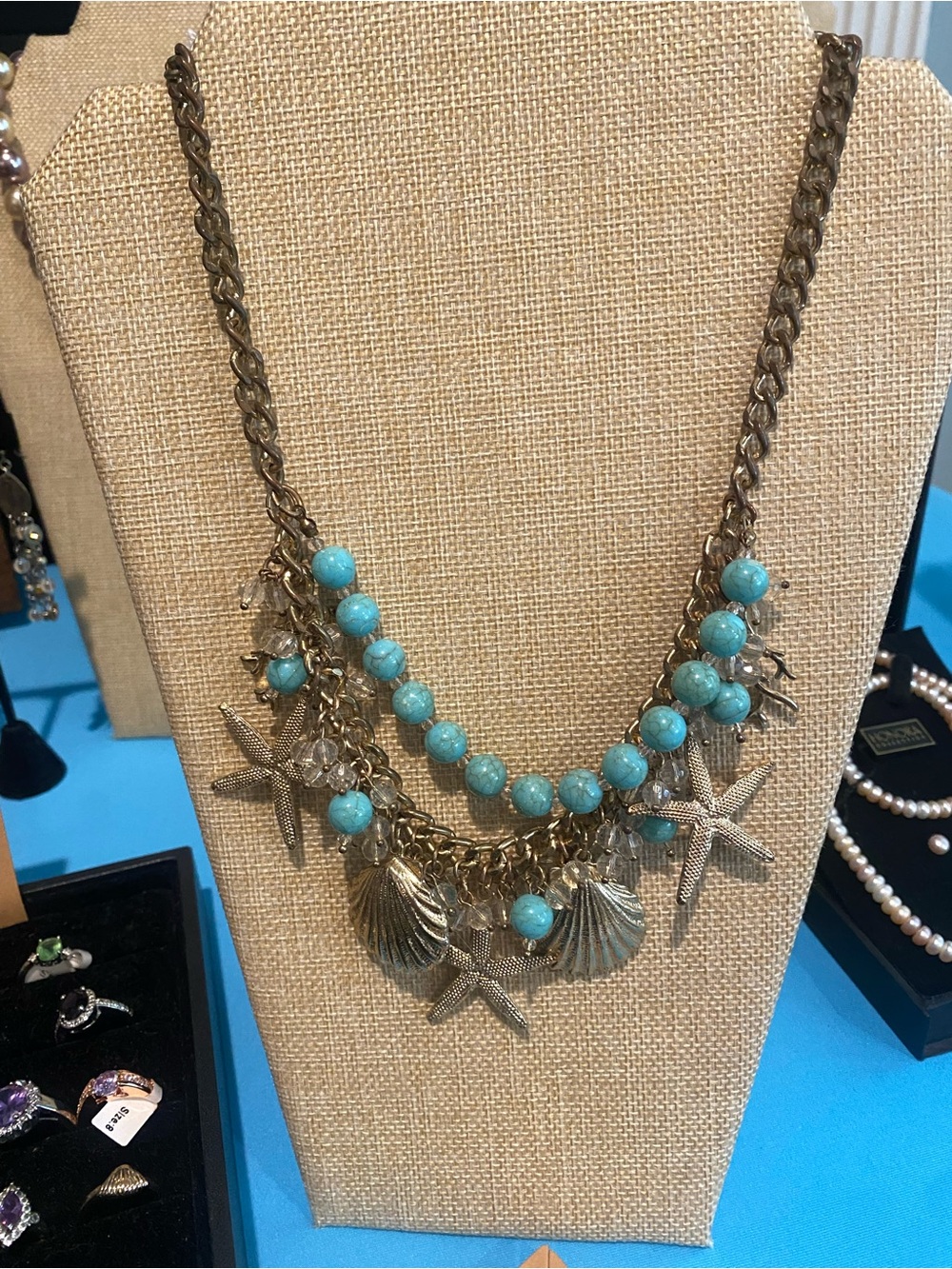 Turquoise Beaded Statement Necklace w Shells & Starfish Coastal Beach Style
